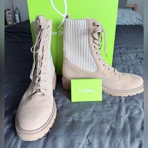 Sam Edelman Taupe Lace-Up Suede Combat Boots